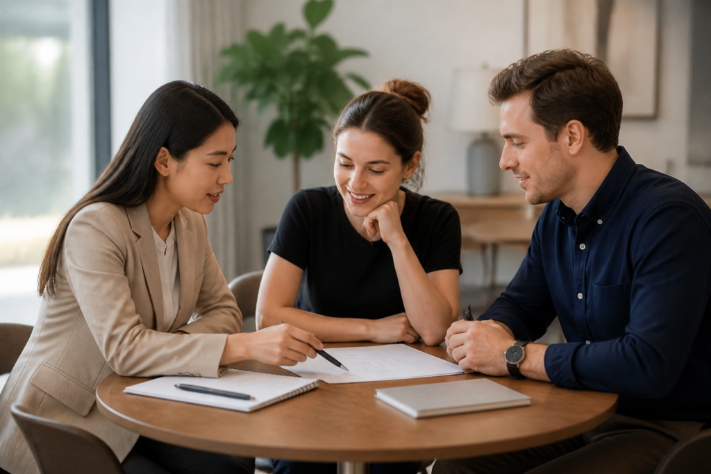 Three people reviewing a plan together at a table