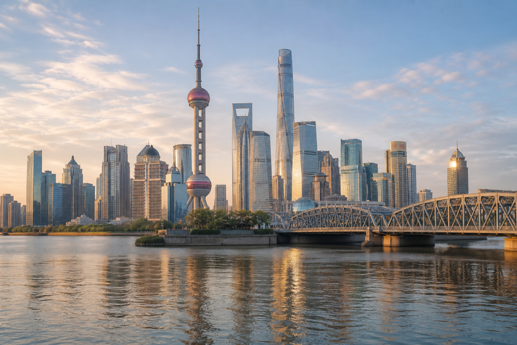 Shanghai skyline and Waibaidu Bridge at sunrise