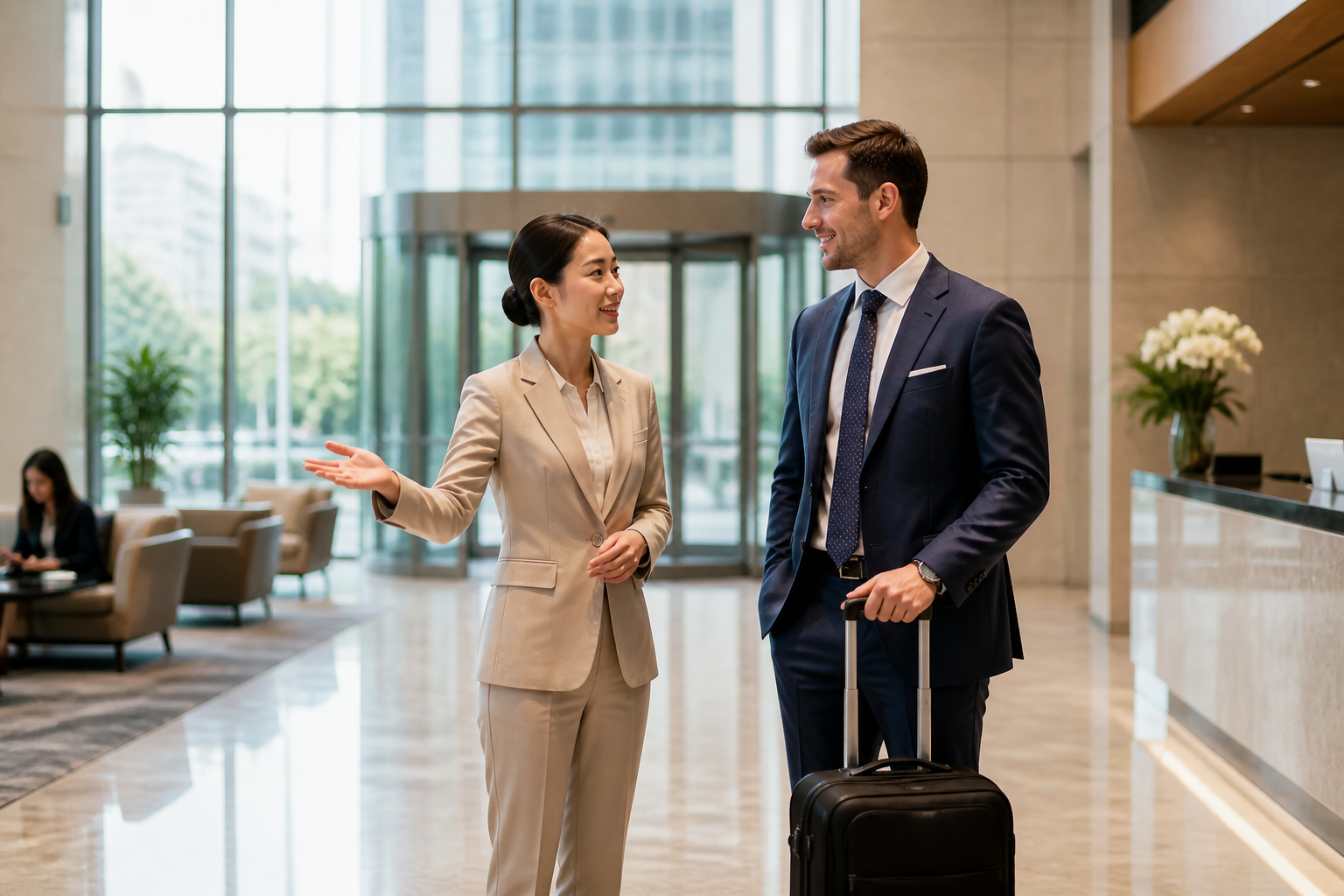 A host welcomes an international business visitor in a hotel lobby.
