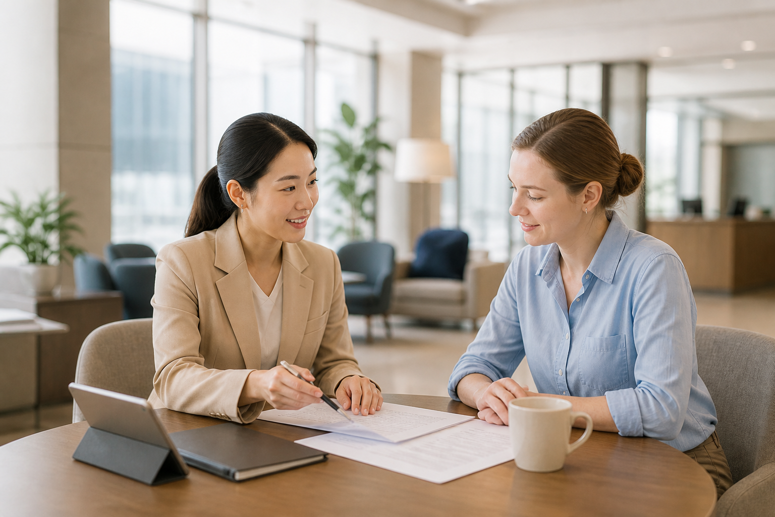 A coordinator reviews documents with an international visitor in a calm office setting.