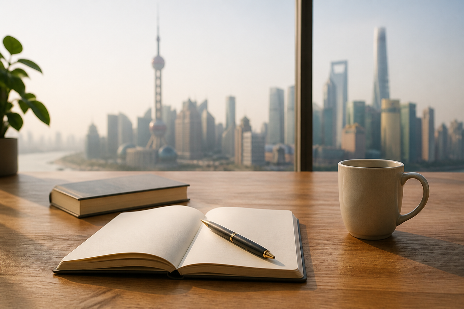Notebook and cup on a desk overlooking Shanghai's skyline.